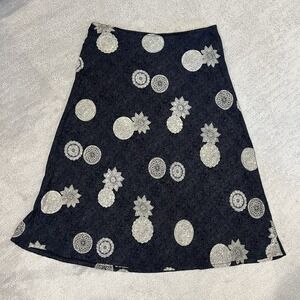Vintage French Cuff A Line Skirt‎ Size 10 Cotton Navy Geometric Floral Belt Loop